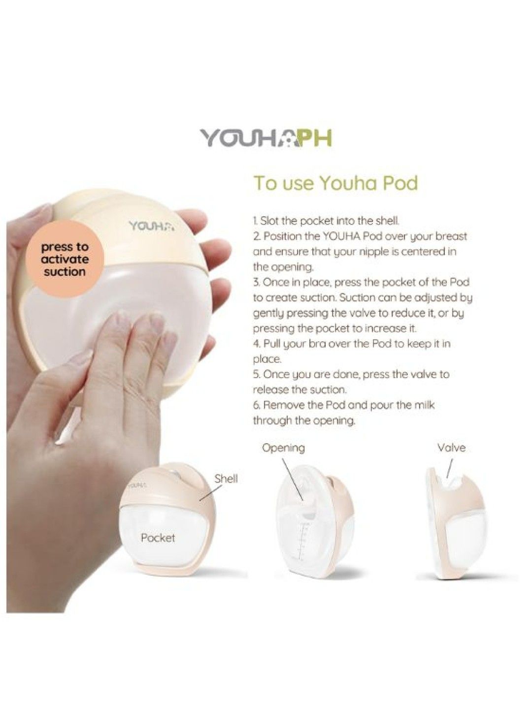 Youha POD Wearable Silicone Breast Milk Collector | Manual In-Bra No-motor Breast Pump (No Color- Image 3)