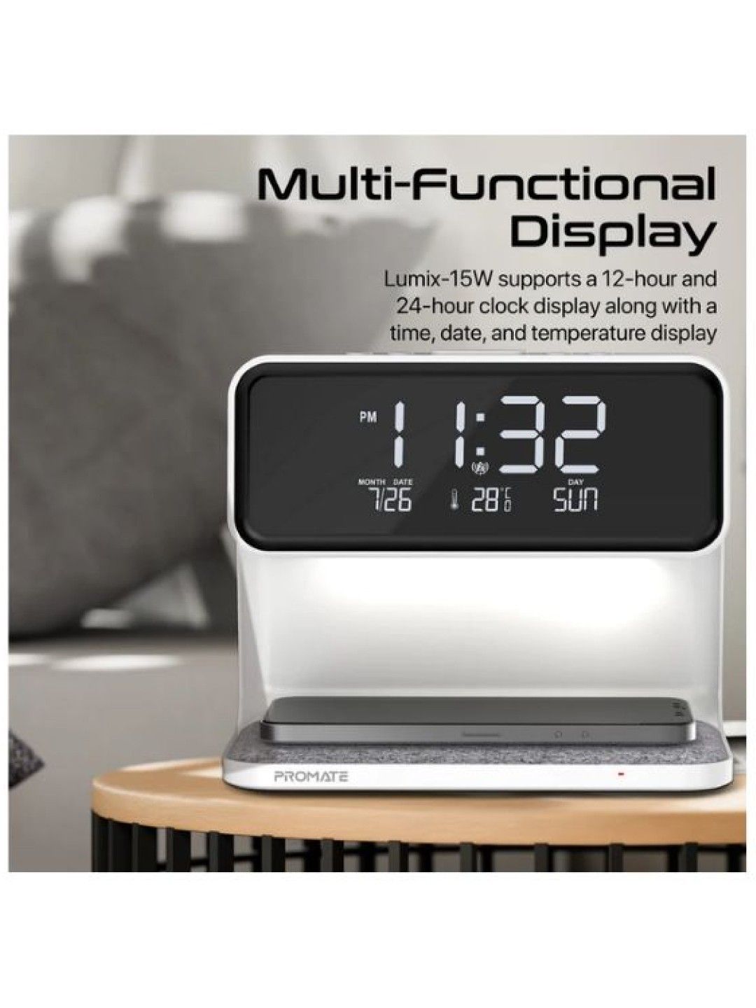 Promate Lumix-15W 3-in-1 Multi-Function LED Alarm Clock with 15W Wireless Charger (White- Image 3)