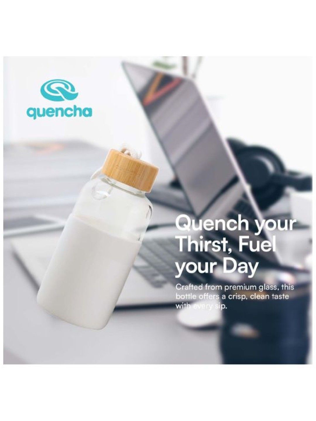 Sunbeams Lifestyle QUENCHA Premium Glass Water Bottle (350ml) with Silicon Sleeve (Snow- Image 2)