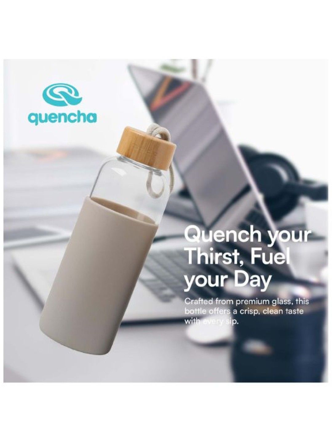 Sunbeams Lifestyle QUENCHA Premium Glass Water Bottle (500ml) with Silicon Sleeve (Sand- Image 2)