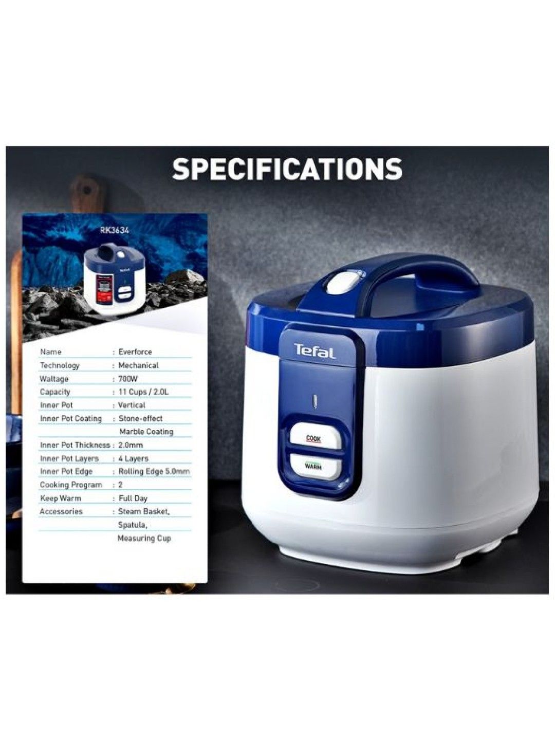 Tefal Everforce Rice Cooker (11 Cups / 2 L) - White/Dark Blue (No Color- Image 3)