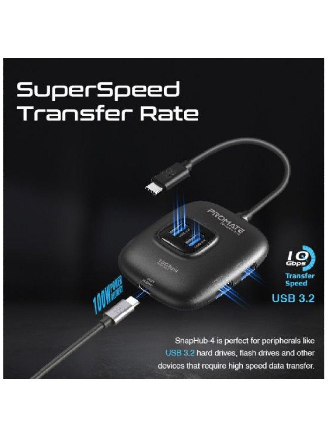 Promate SNAPHUB-4 10Gbps Ultra-Fast USB 3.2 Hub (Black- Image 3)