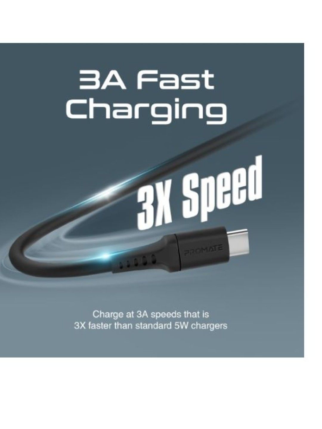 Promate POWERLINK Ultra-Fast USB-A to USB-C Soft Silicone cable (Black- Image 3)