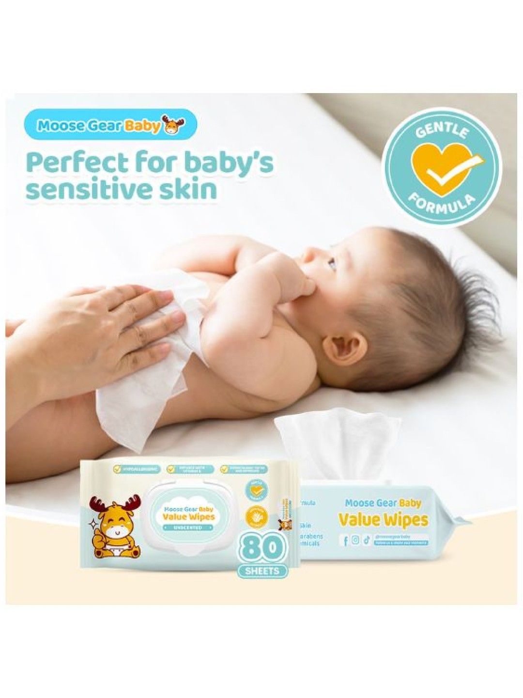 Moose Gear Baby Value Wipes (Unscented) 80 Tender Sheets x1 Pack New Lite Wet Wipes for Babies (No Color- Image 3)