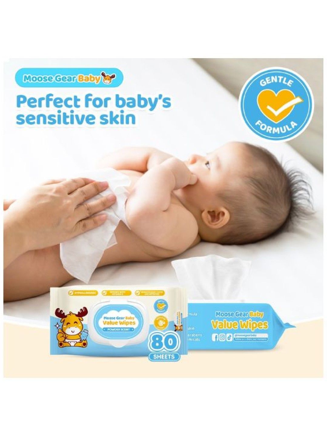 Moose Gear Baby Value Wipes (Powder Scent) 80 Tender Sheetsx3 Pack New Lite Wet Wipes for Babies (No Color- Image 3)