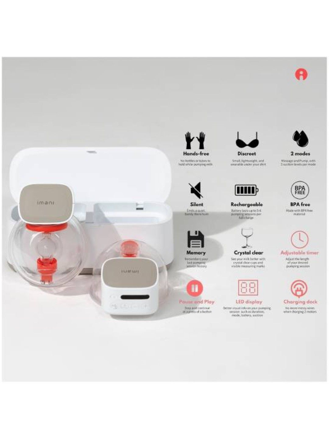 imani i2 Plus (Pair) Handsfree Wearable Breast Pump with Charging Dock