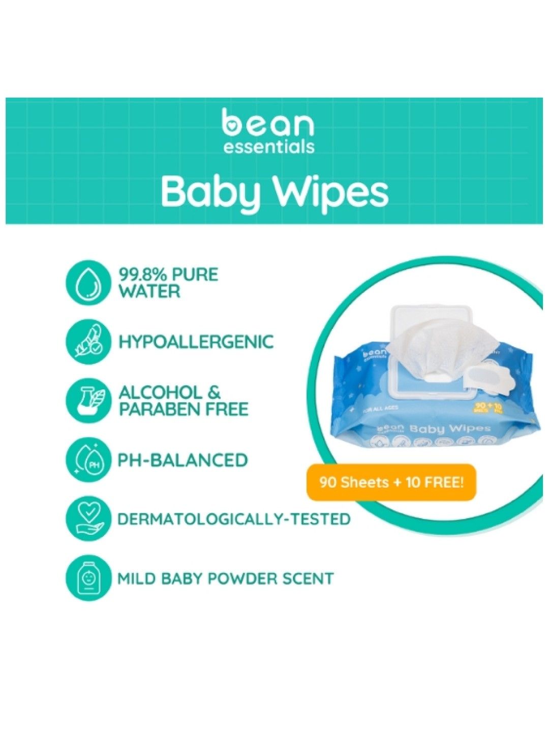 bean essentials Baby Wipes Powder Scent 100 sheets (No Color- Image 2)