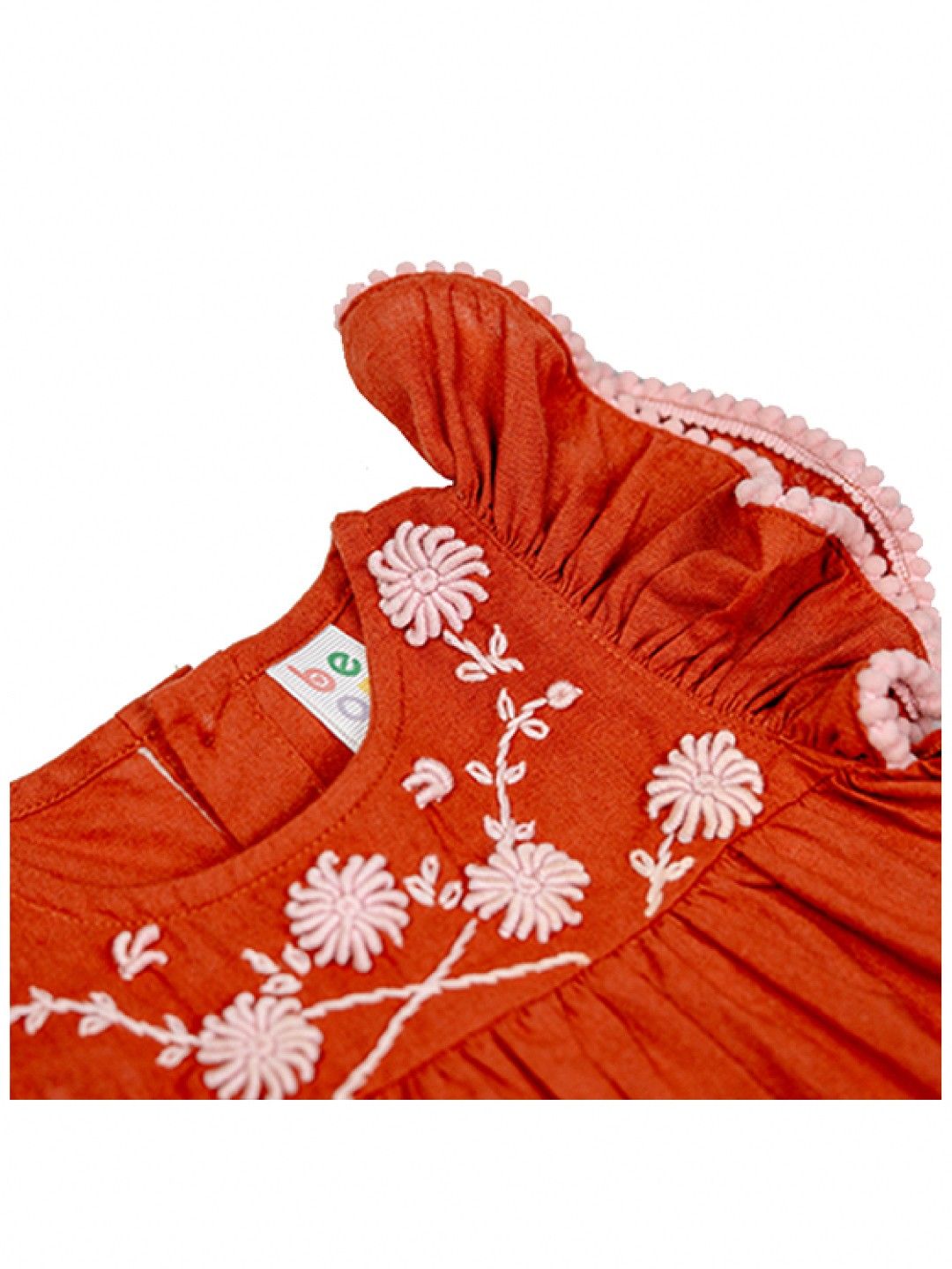 bean fashion Floral Flair Santan Ruffled Pompom Sleeve Embroided Romper (Rust- Image 3)