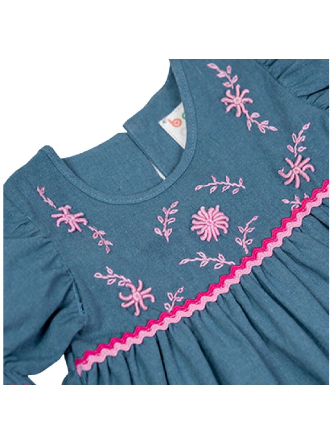 bean fashion Floral Flair Mela Ricrac Puff Sleeve Embroidered Dress (Dusty Blue- Image 3)