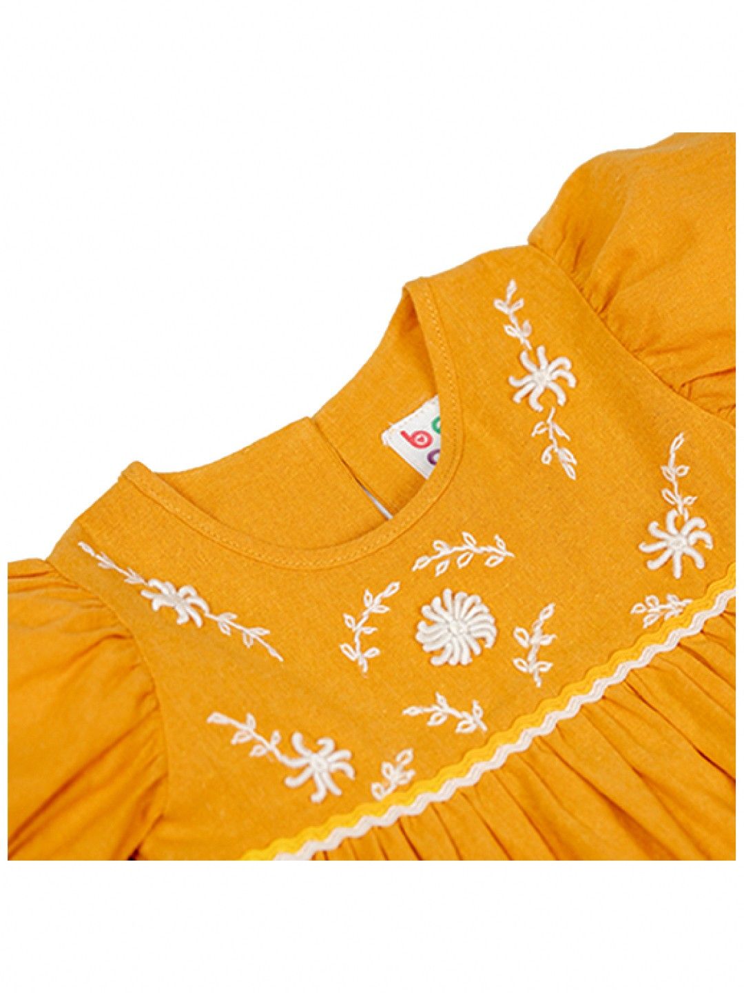 bean fashion Floral Flair Mela Ricrac Puff Sleeve Embroidered Dress (Yellow- Image 3)