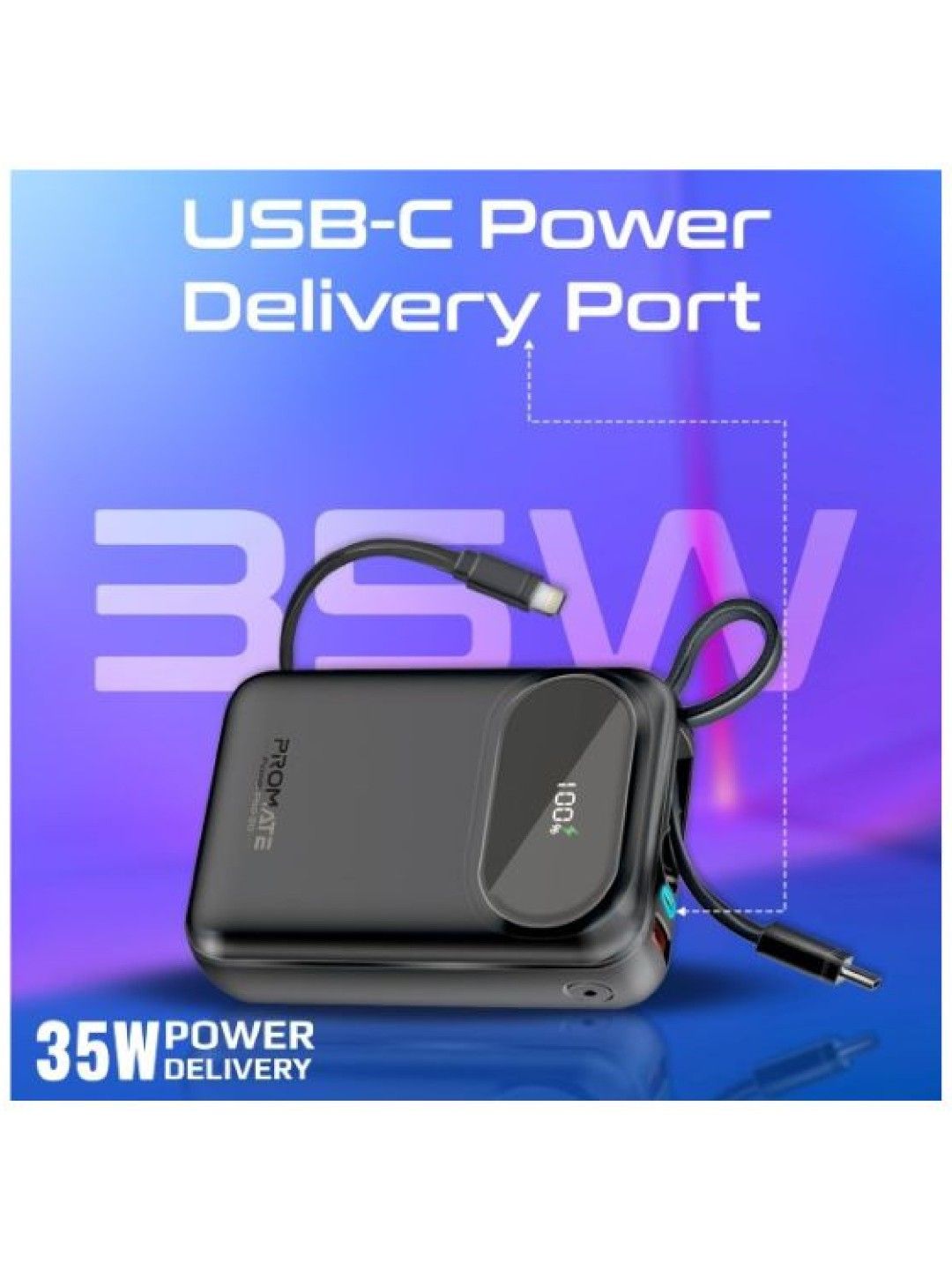 Promate POWERPOD-20 Ultra Compact 35W Super Speed Power Bank with Built-In USB-C (Black- Image 3)