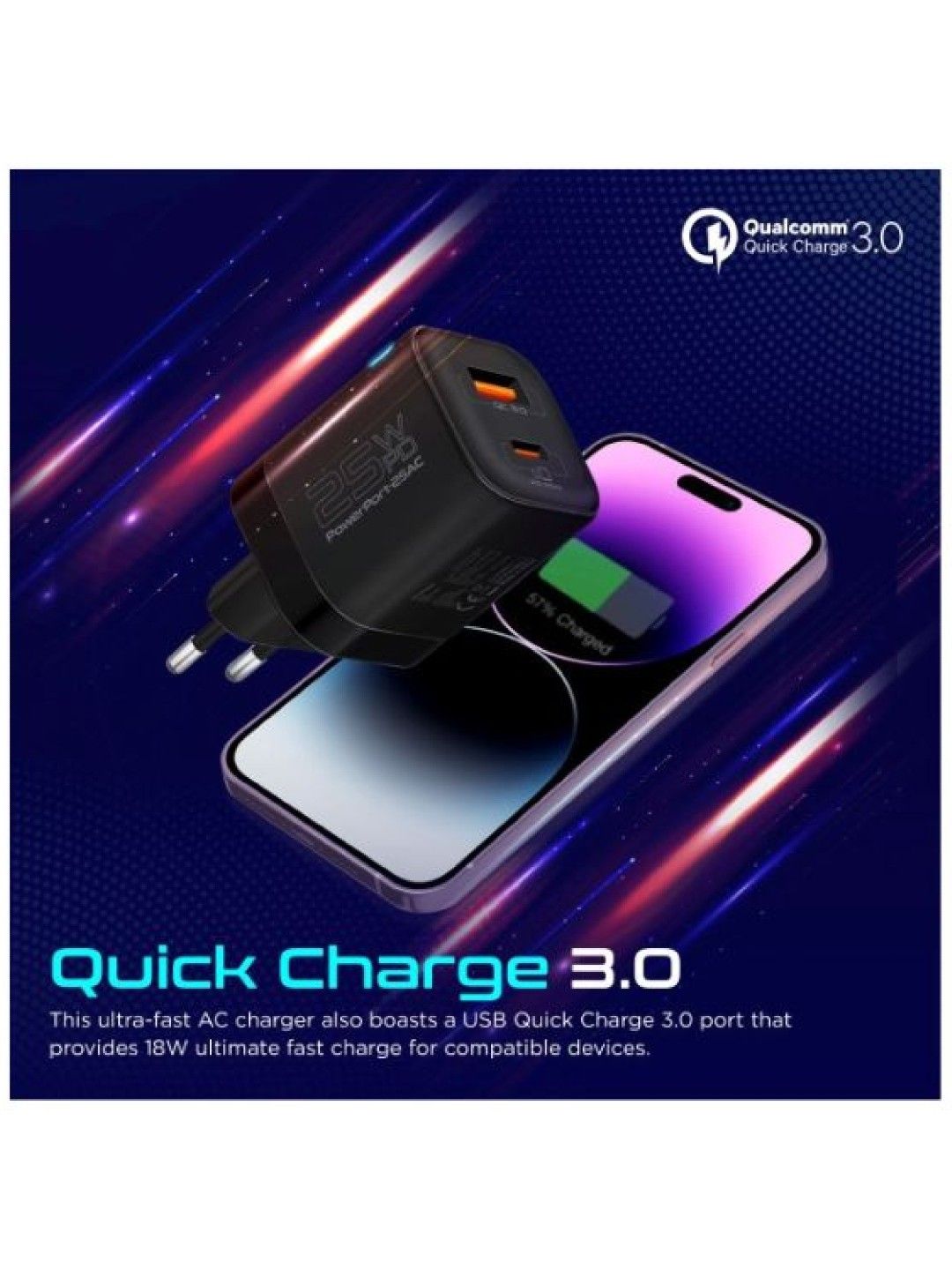 Promate POWERPORT-25AC Ultra-Fast Dual Port AC Charger 25W Power Delivery (Black- Image 3)