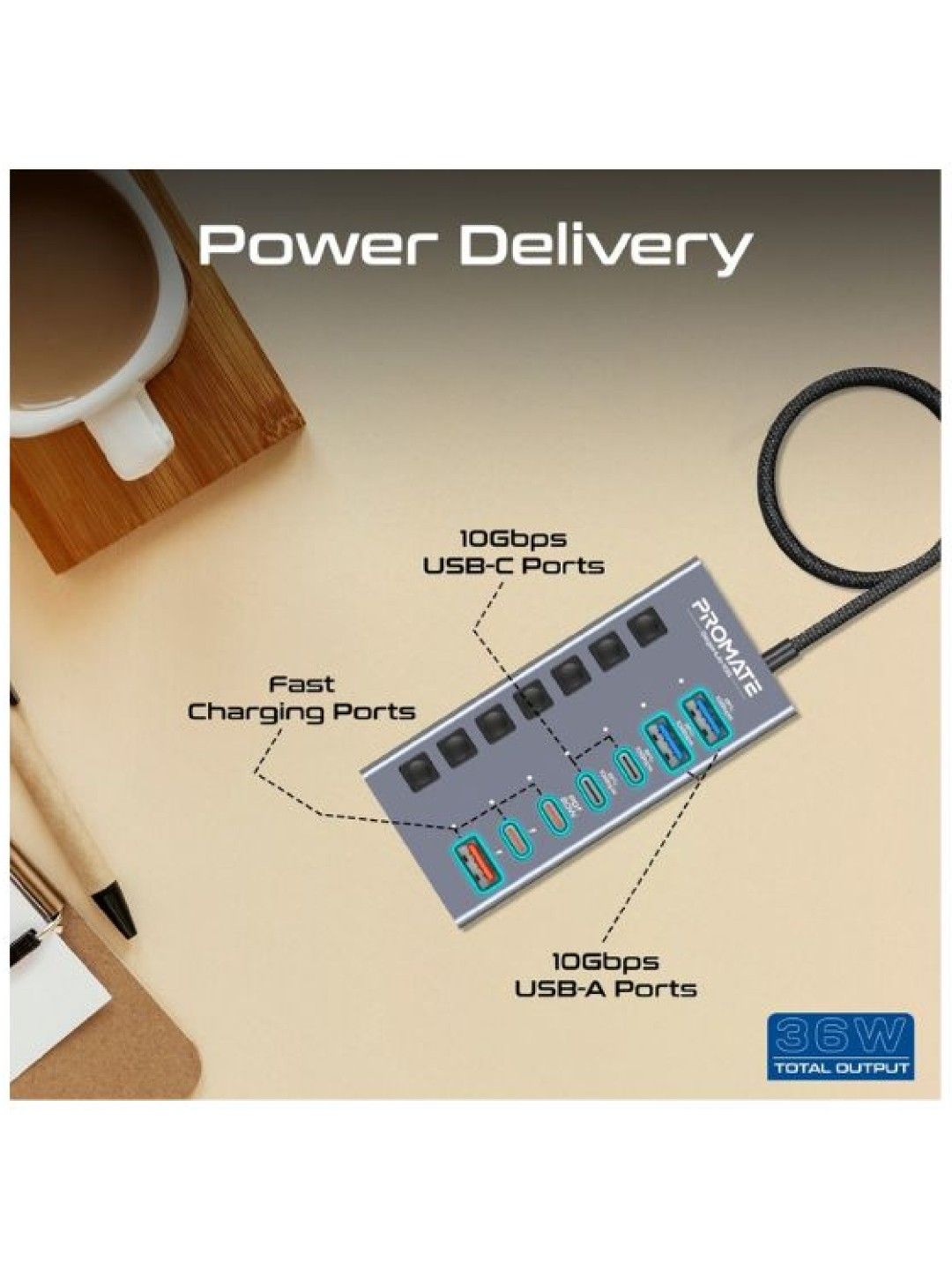 Promate GEGAHUB-10G 7-in-1 10Gbps Multiport Data and Charge Hub (Black- Image 3)