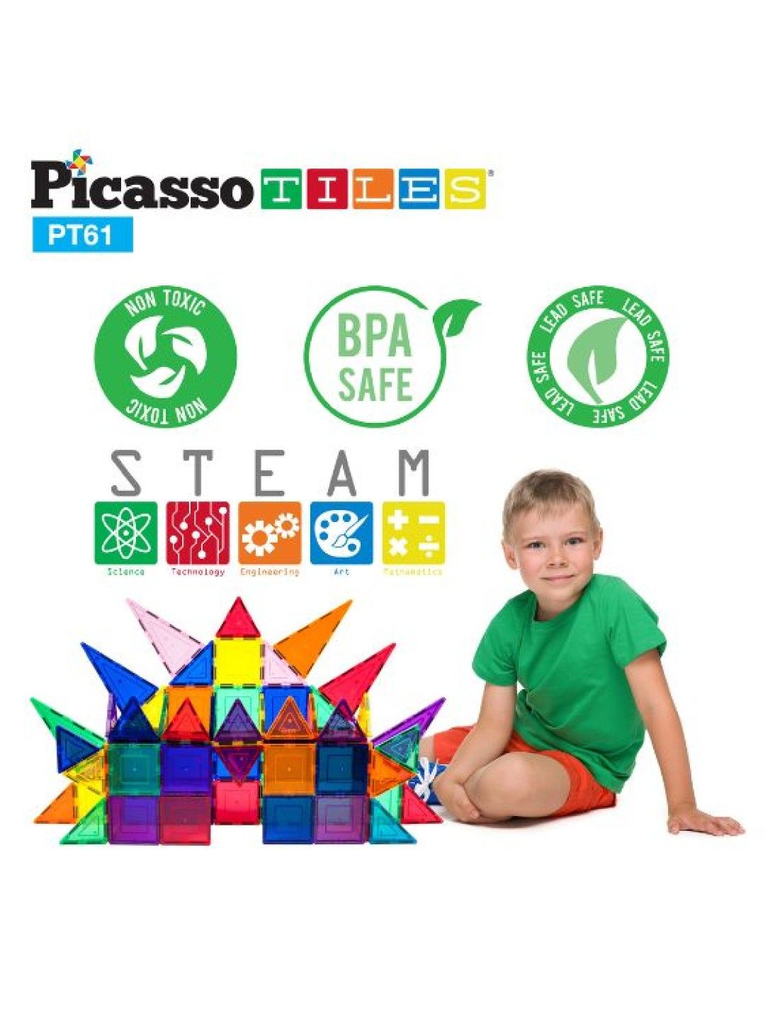 Picasso Tiles 61pc 3D Magnetic Building Tiles (No Color- Image 3)