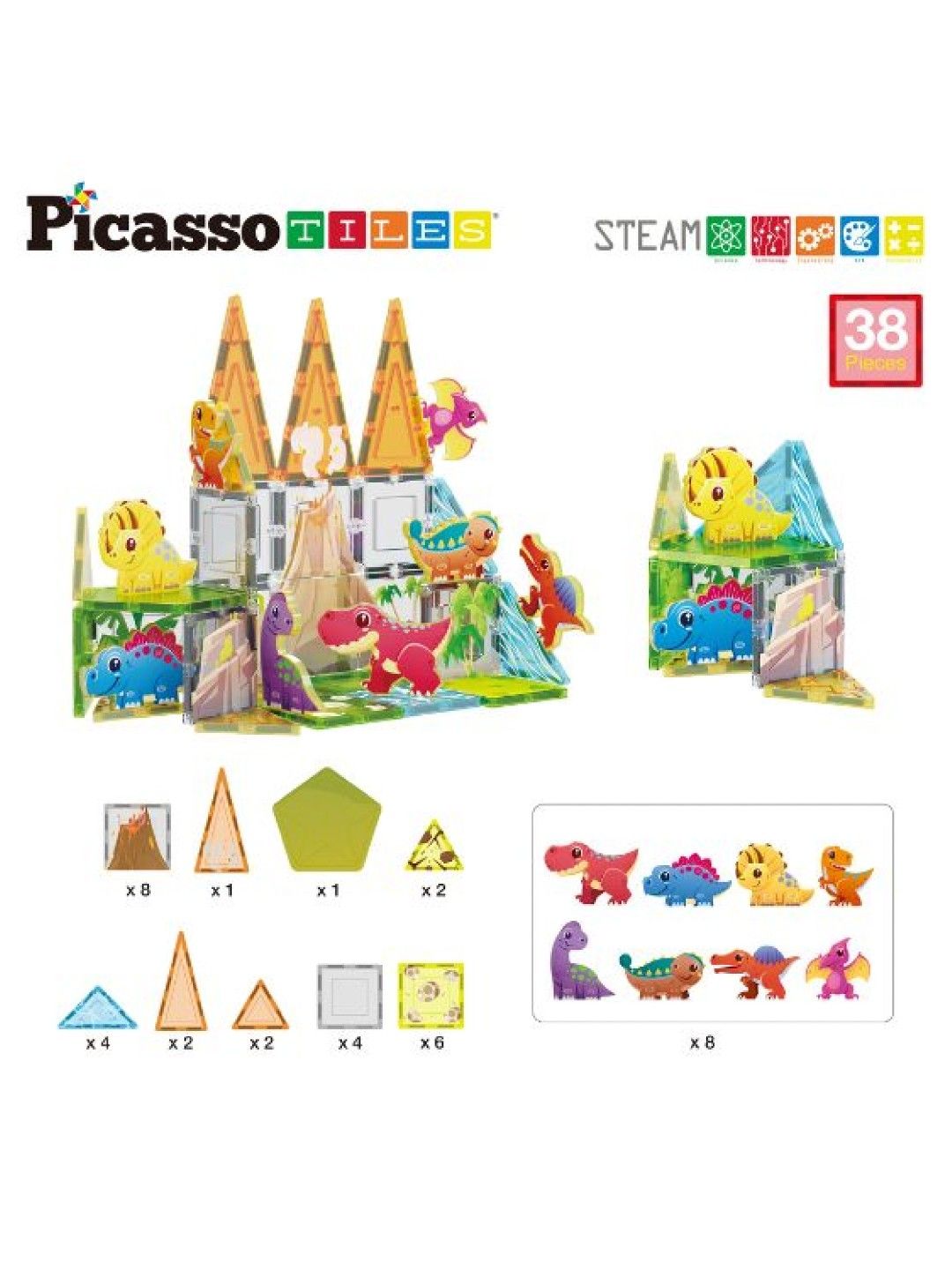 Picasso Tiles Dinosaur Set with 8 Action Figures (No Color- Image 3)