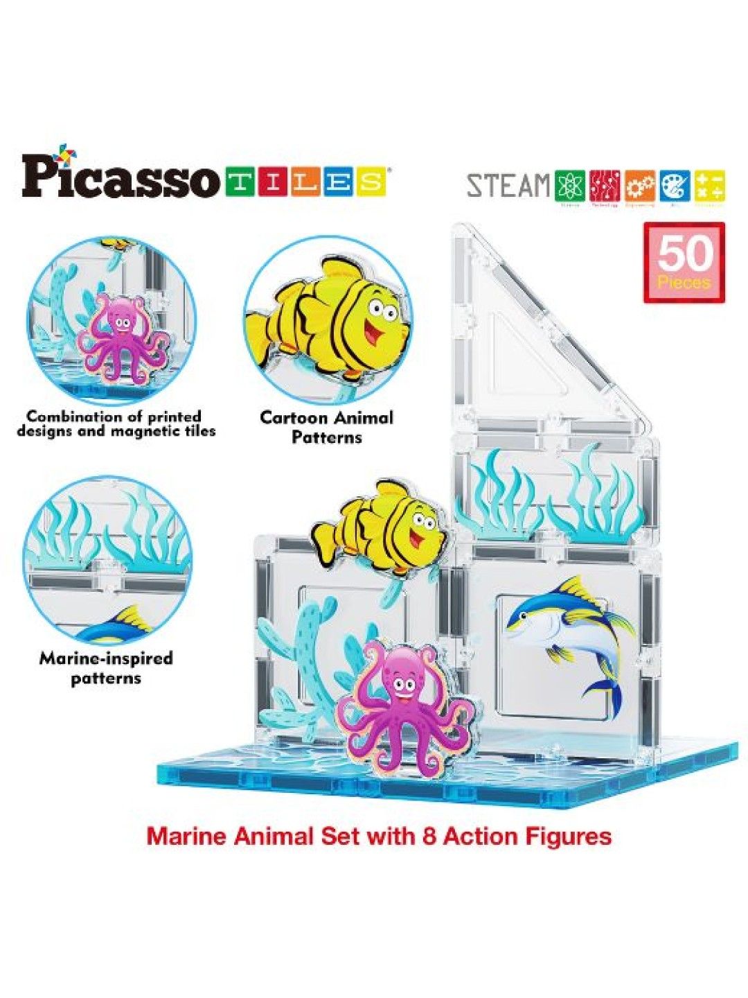 Picasso Tiles Marine Animal Set with 8 Action Figures (No Color- Image 3)