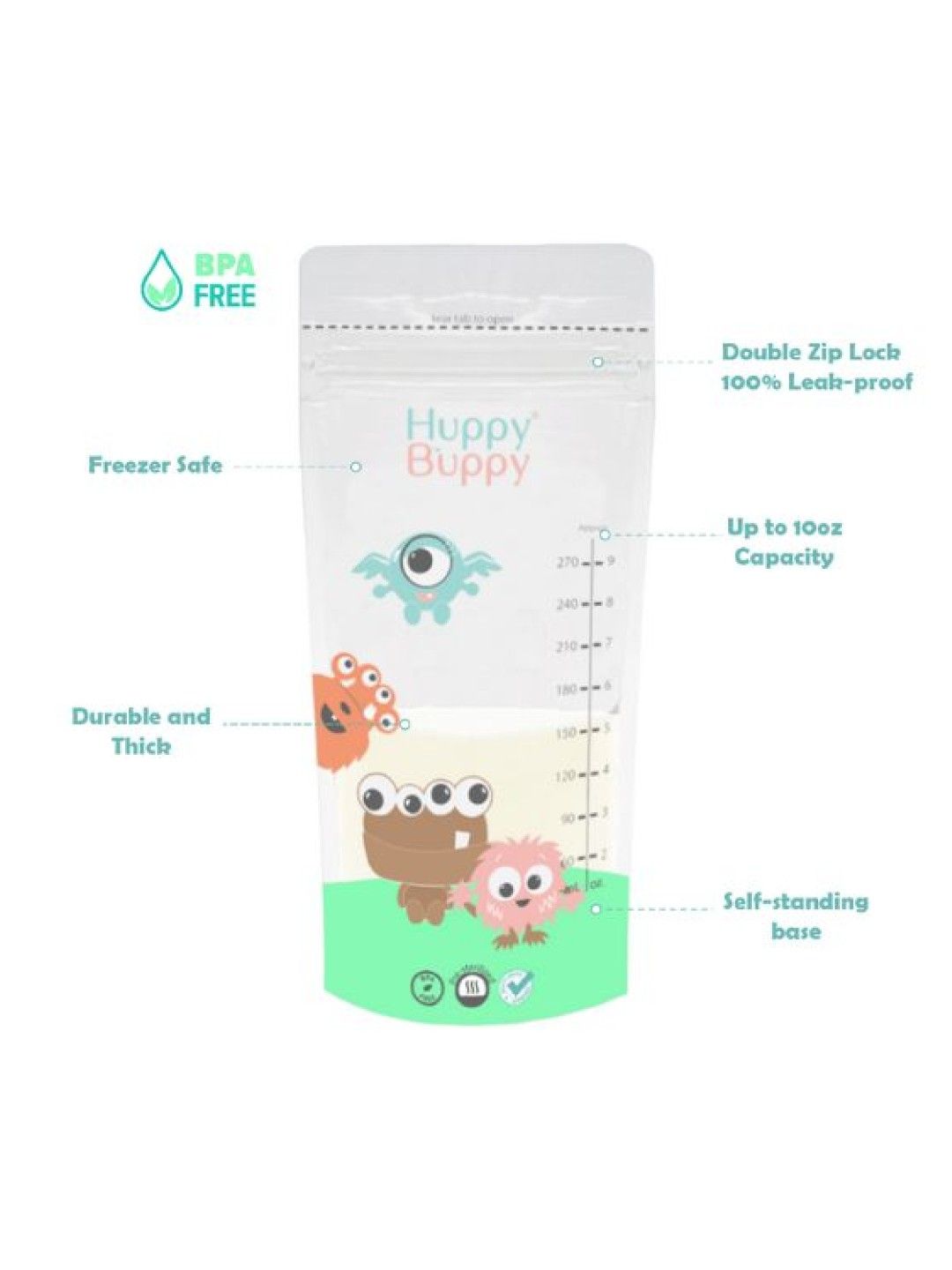 Huppy Buppy Disposable Breastmilk Storage Bags 9oz/250ml (30 bags) (No Color- Image 3)