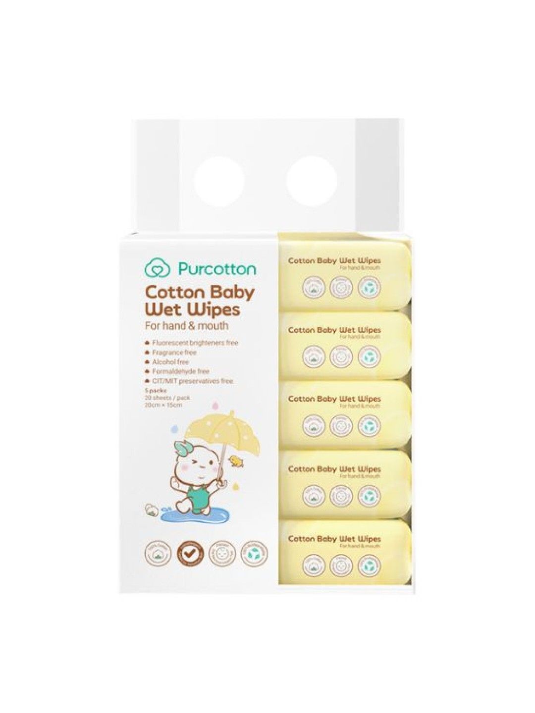 Purcotton Cotton Baby Wet Wipes 20s x 5 Packs (No Color- Image 1)