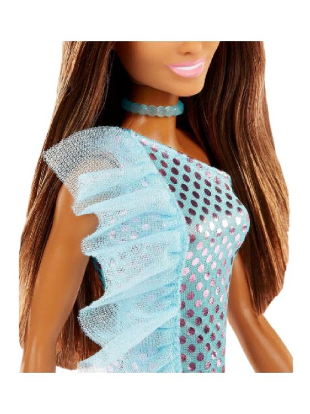 Barbie Pop Glitz Brunette Doll with Teal Metalic Dress Fashion Outfit (No Color- Image 3)