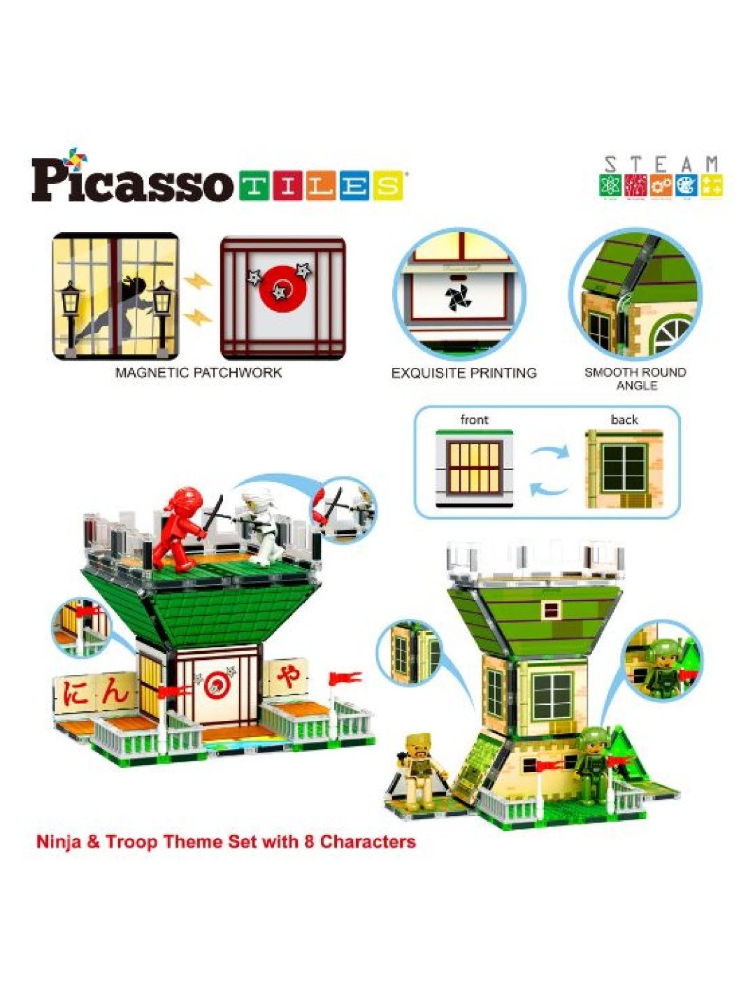 Picasso Tiles 102 pcs. Magnetic Tile Ninja and Troop Theme with 8 Action Figures (No Color- Image 3)