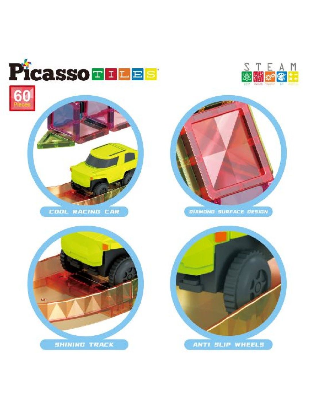 Picasso Tiles 60 pcs. Magnetic Tile Race Car Track Set (No Color- Image 3)