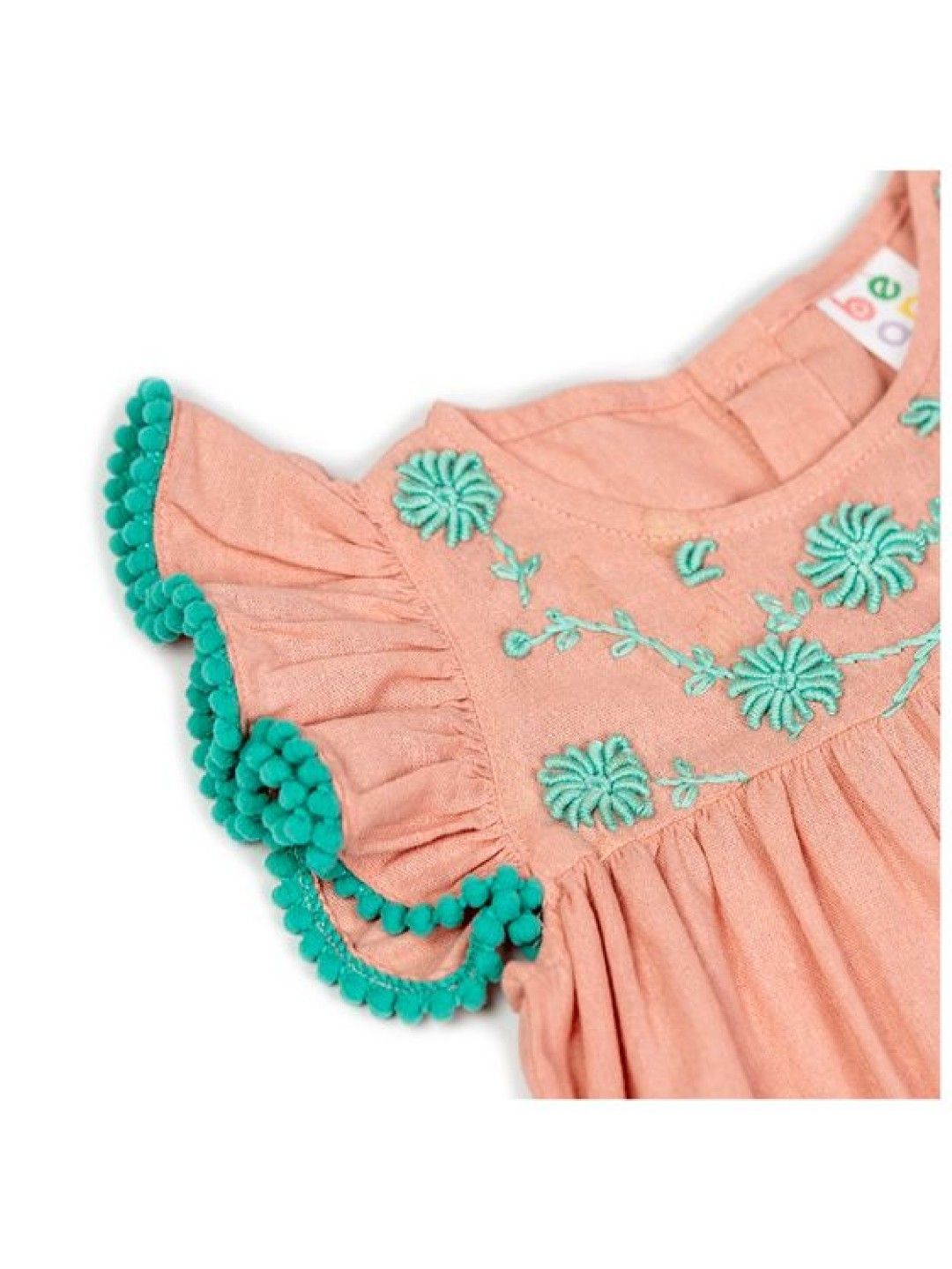 bean fashion Floral Flair Santan Ruffled Pompom Sleeve Embroided Romper with Hat (Pink- Image 2)