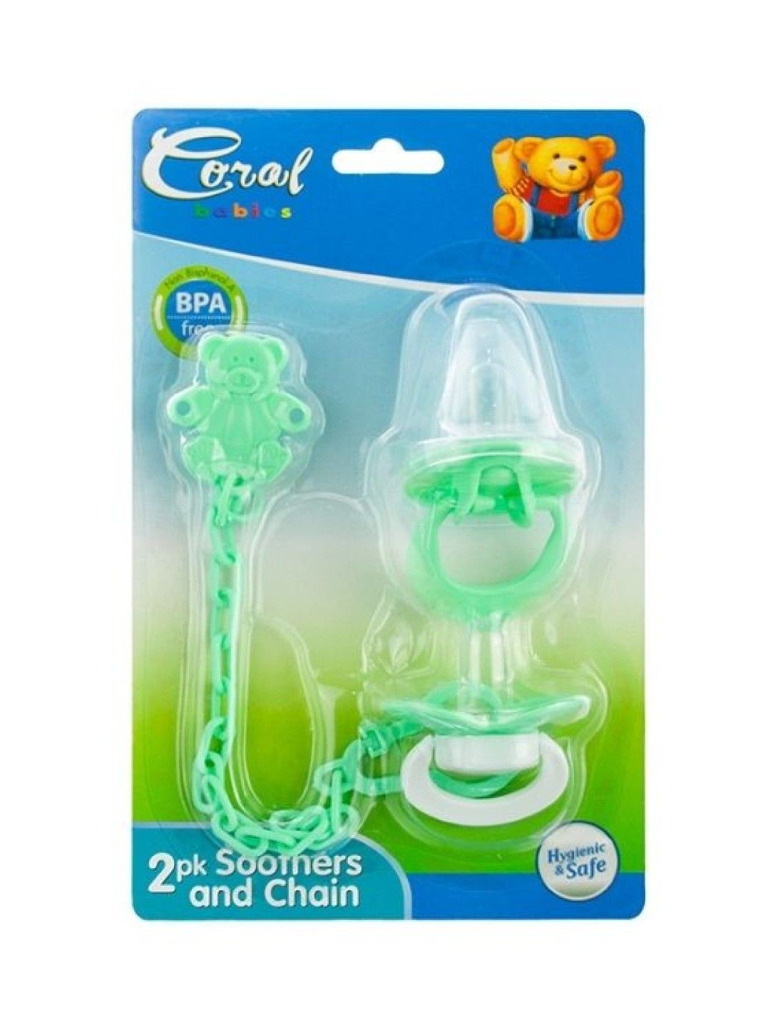 Coral Babies Round Tip Pure Silicone Pacifier And Pacifier Clipper (2 pcs) (Green- Image 1)