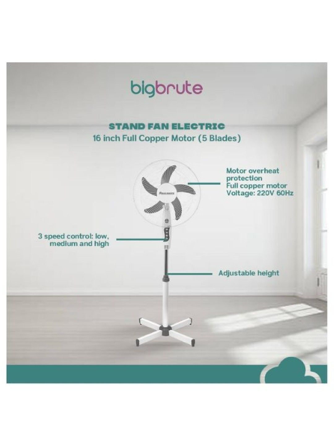 Big Brute Electric Stand Fan 16 Inch 5 Blade Buy 1 Take 1 (White- Image 4)