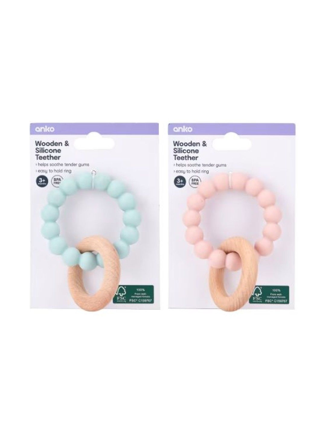 Anko Wooden & Silicone Teether (Pink- Image 3)