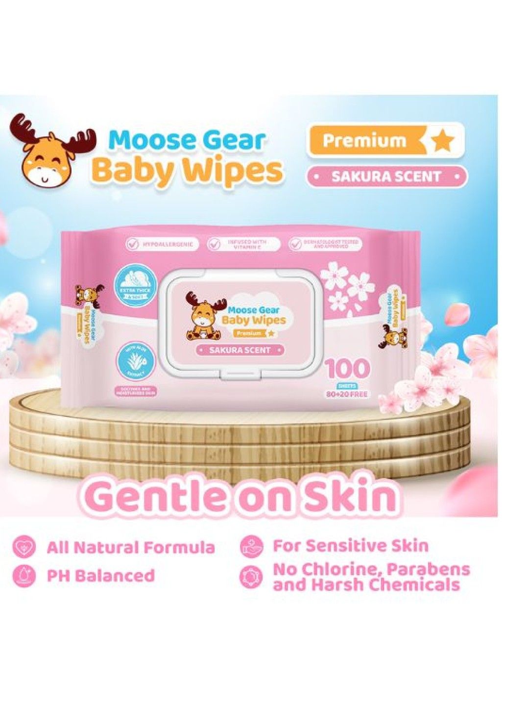 Moose Gear Baby Baby Wipes - Sakura Scent 100s x 6 Pack (No Color- Image 4)