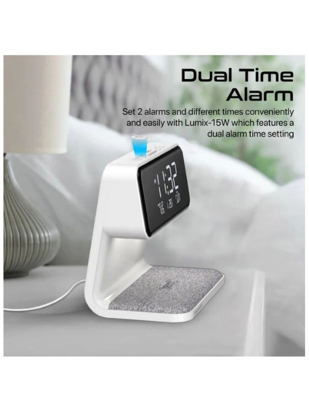 Promate Lumix-15W 3-in-1 Multi-Function LED Alarm Clock with 15W Wireless Charger (White- Image 4)