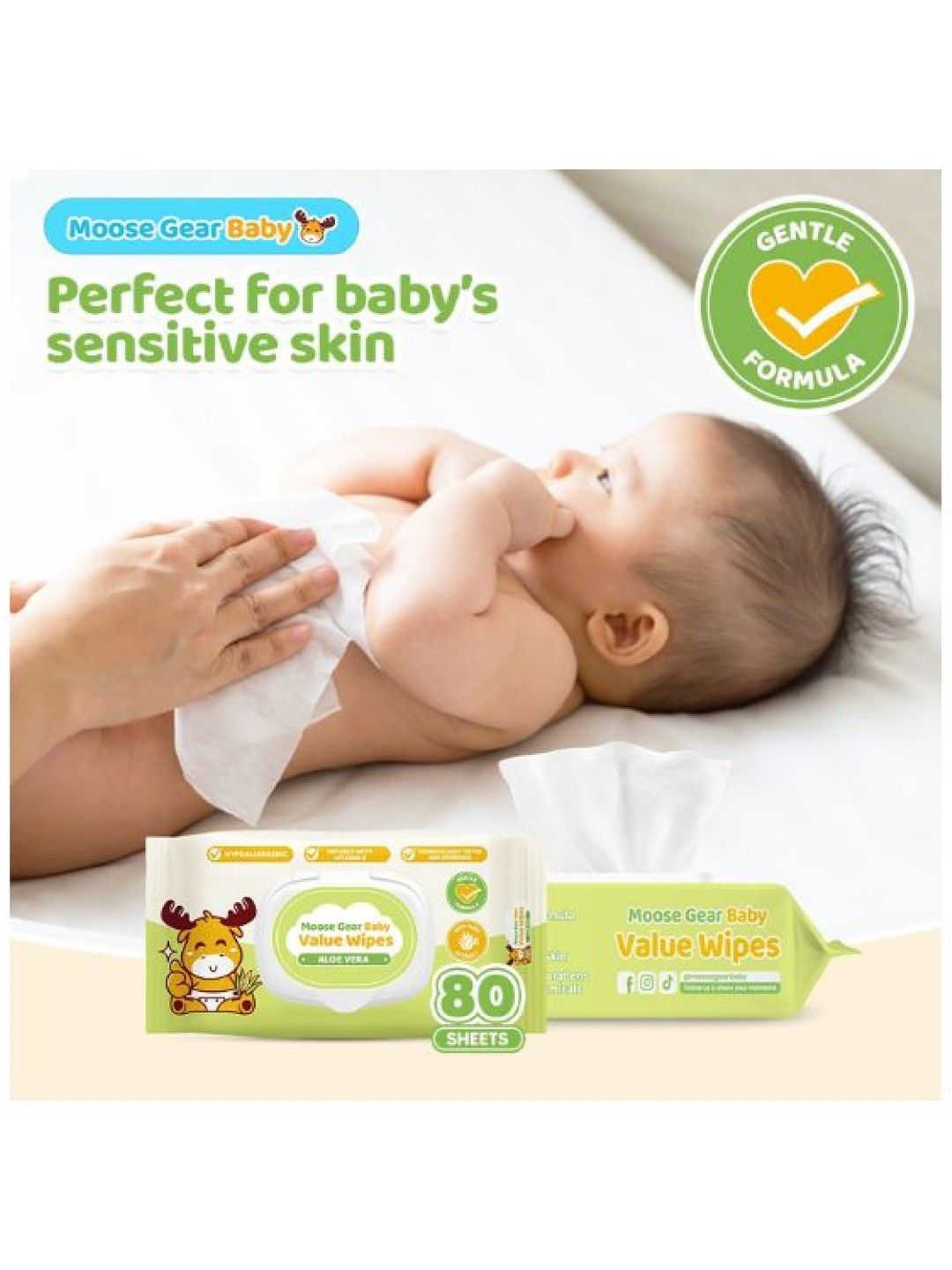 Moose Gear Baby Value Wipes (Aloe Vera Scent) 80 Tender Sheets x1 Pack New Lite Wet Wipes (No Color- Image 4)