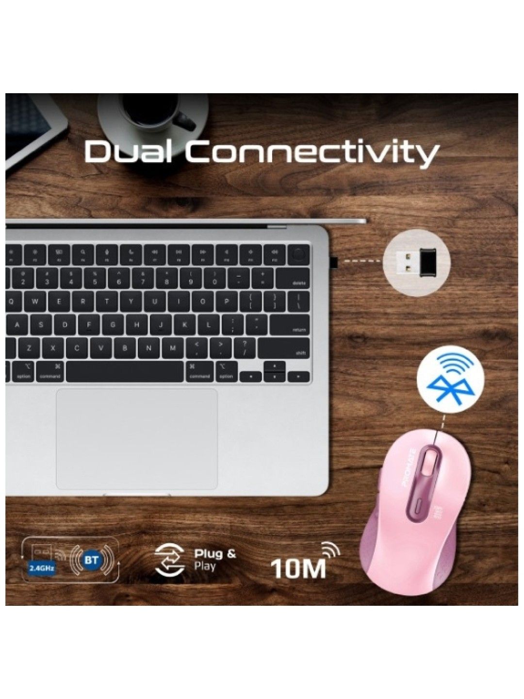 Promate KEN Dual Mode Wireless Optical Mouse Bluetooth & 2.4GHz Connectivity (Pink- Image 4)