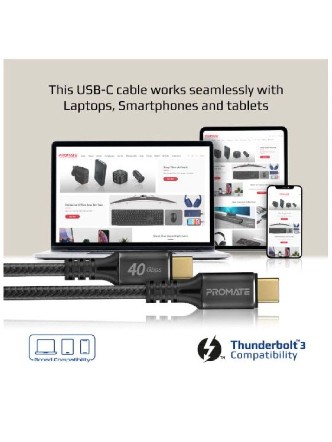 Promate POWERBOLT240-1M 240W Super Speed Fast Charging USB-C Thundebolt 3 Cable (No Color- Image 4)