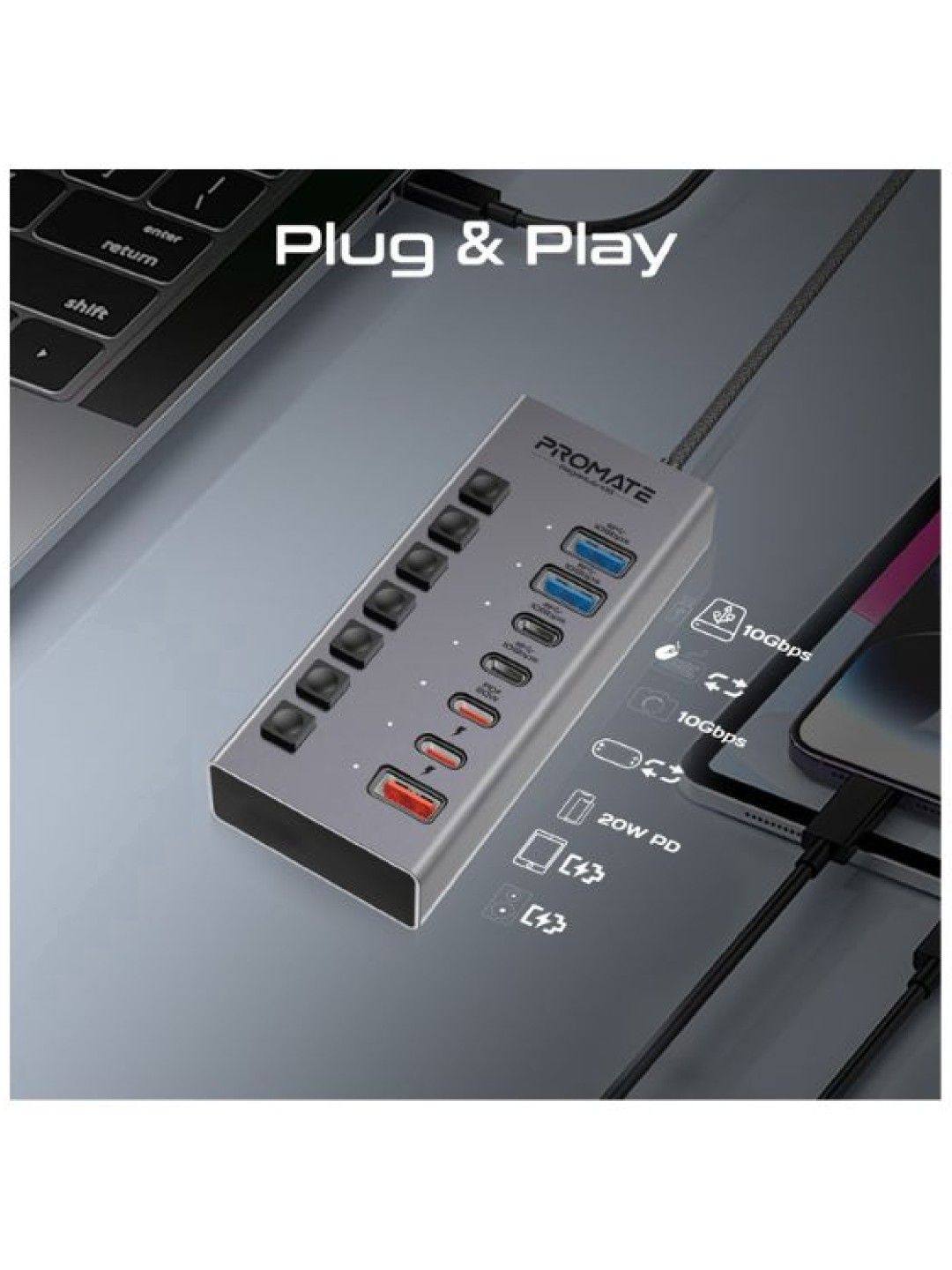 Promate GEGAHUB-10G 7-in-1 10Gbps Multiport Data and Charge Hub (Black- Image 4)