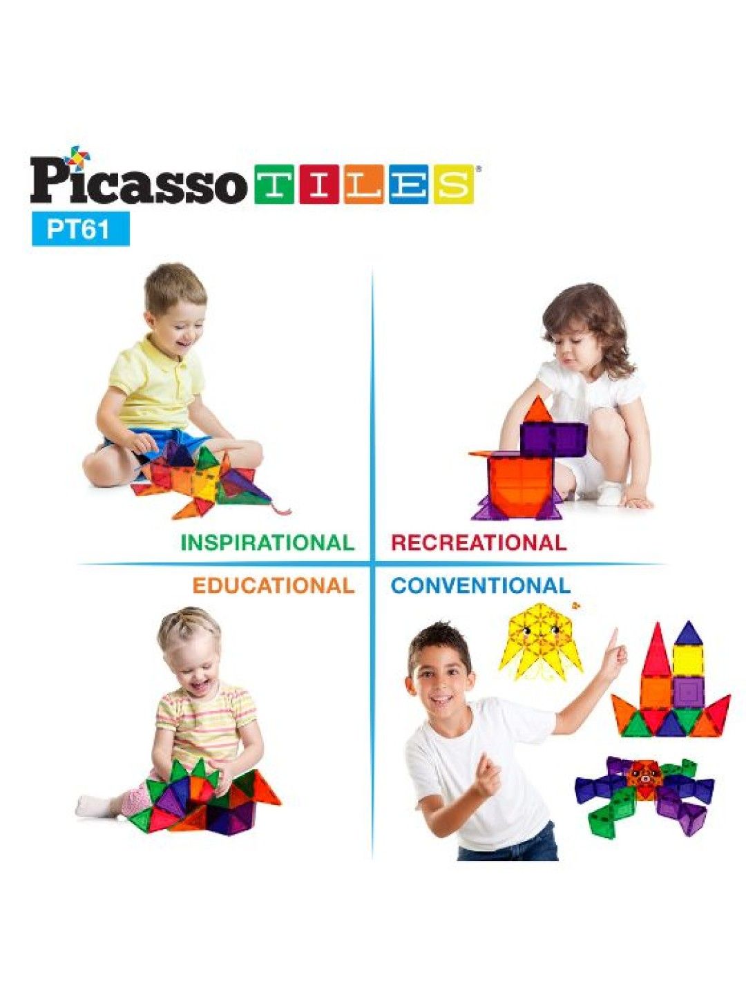 Picasso Tiles 61pc 3D Magnetic Building Tiles (No Color- Image 4)