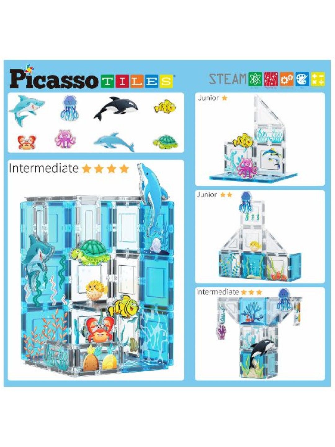 Picasso Tiles Marine Animal Set with 8 Action Figures (No Color- Image 4)