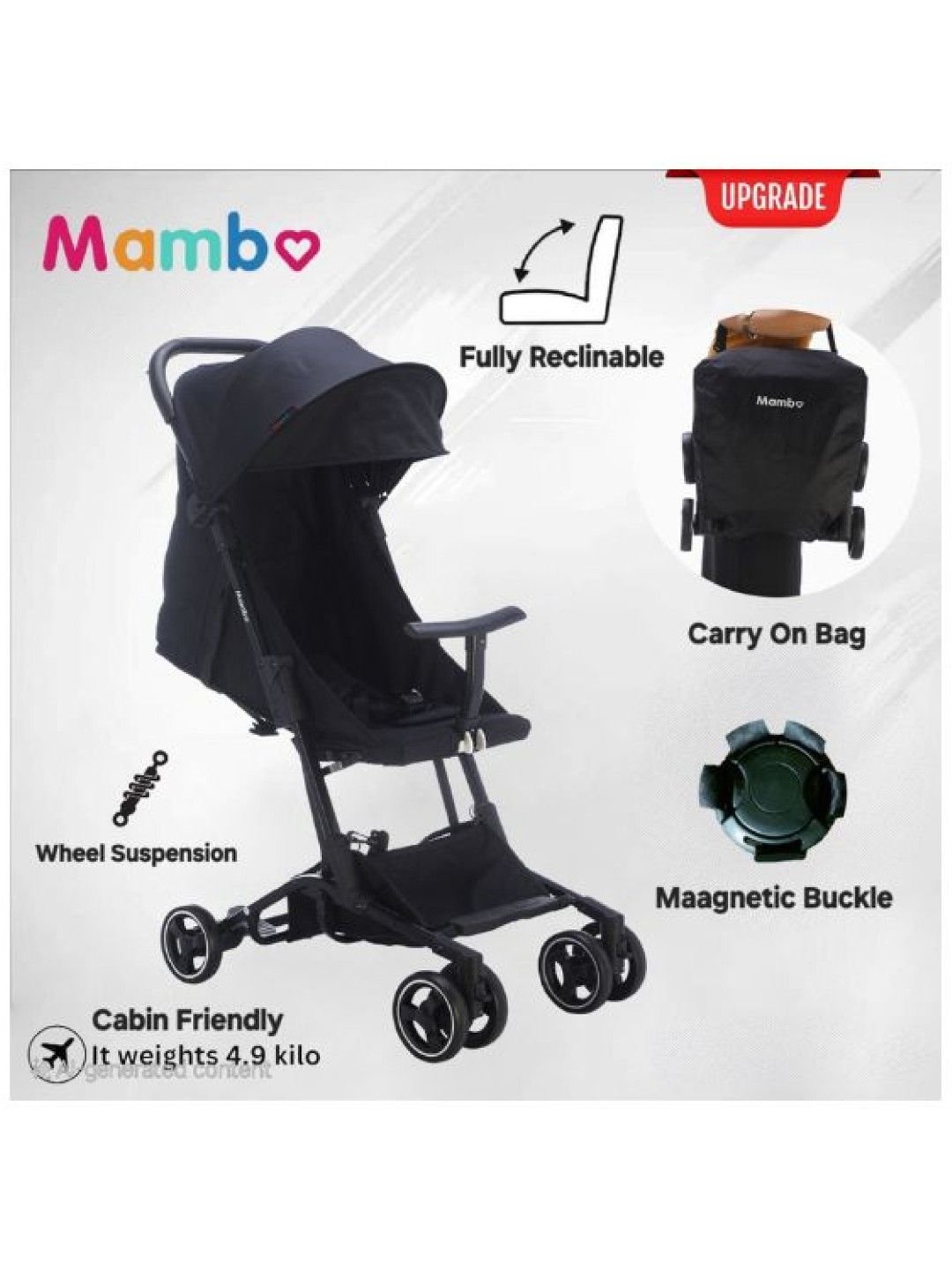 Mambo Fit Baby Stroller Pocket Travel with Shoulder Strap (Black- Image 4)