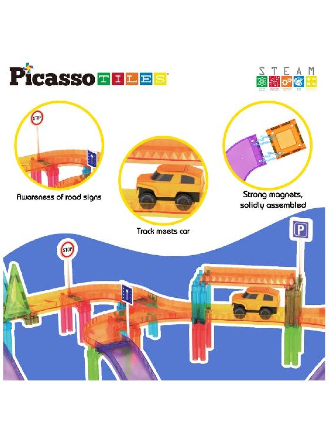 Picasso Tiles 60 pcs. Magnetic Tile Race Car Track Set (No Color- Image 4)