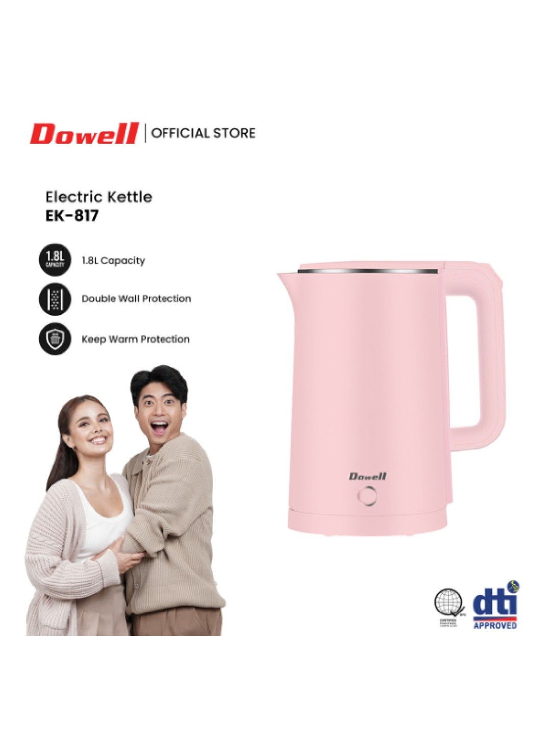 Dowell Electric Kettle Pastel Color with Double Heat Protection EK-817 (Light Pink- Image 2)