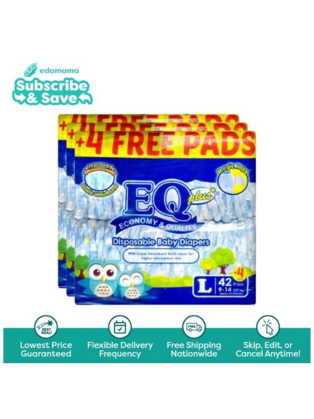 EQ Diapers and Wipes Plus Jumbo Pack Tape Diaper Large (42 pcs x 3 pack) - Subscription (No Color- Image 1)