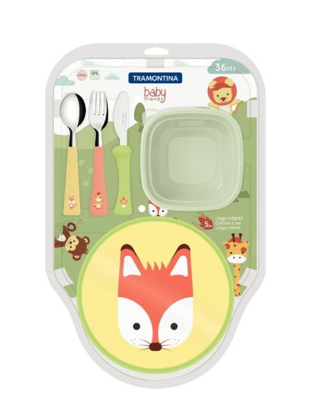 Tramontina Baby Friends Children Set (Spoon, Fork, Knife, Plate, Container 600ml)