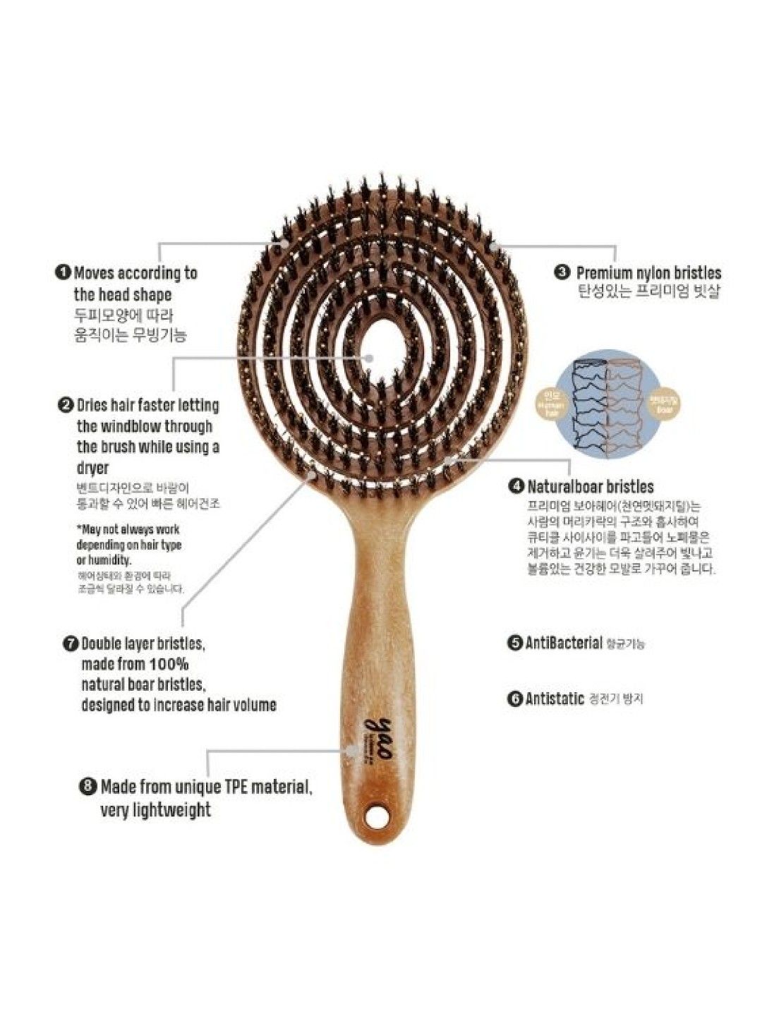 Yao Korean Hairbrush Yao Moving Circle Boar Brush (For Hair volume and Shiny Hair) (No Color- Image 2)