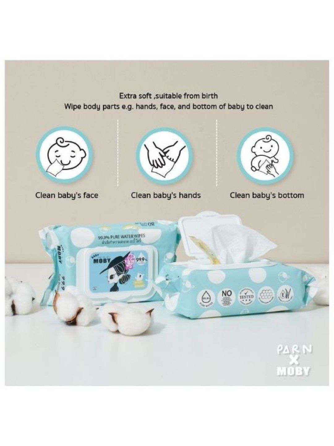 Baby Moby Limited Edition Parn x Moby 99.9% Pure Water Wipes (80 sheets) (Blue- Image 2)