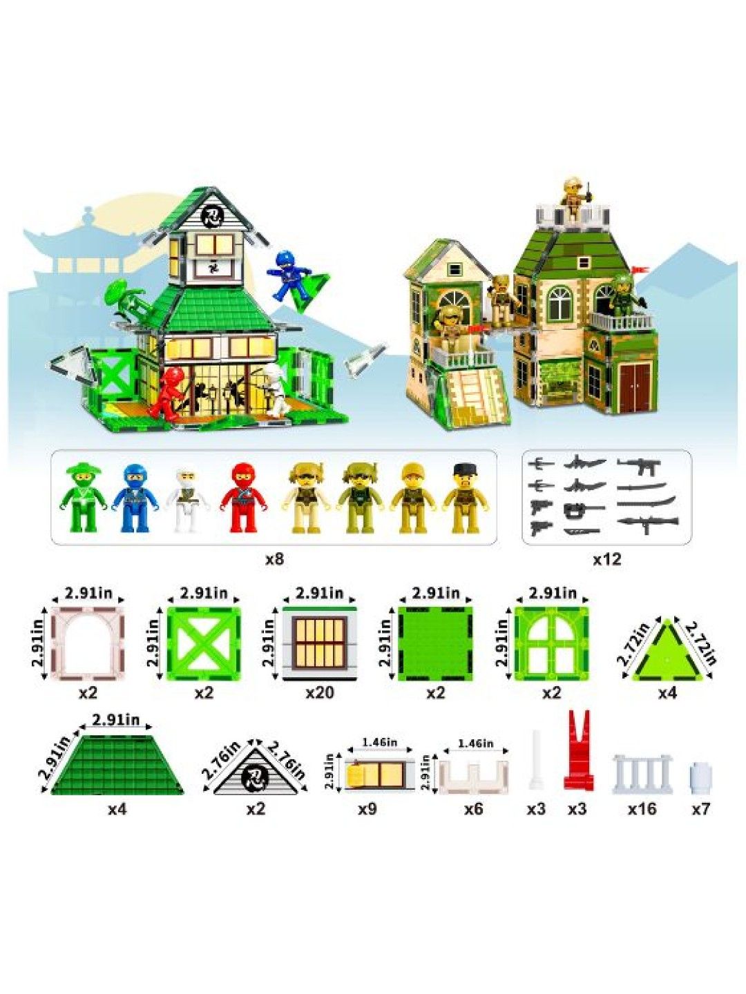 Picasso Tiles 102 pcs. Magnetic Tile Ninja and Troop Theme with 8 Action Figures (No Color- Image 2)