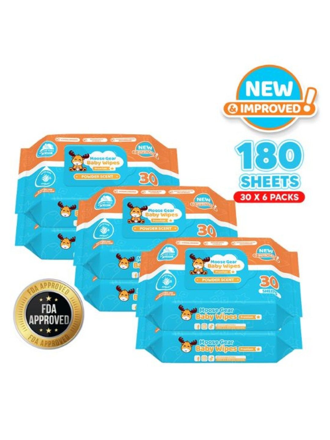 Moose Gear Baby Baby Wipes Powder Scent (30s x 6 Pack) (No Color- Image 1)