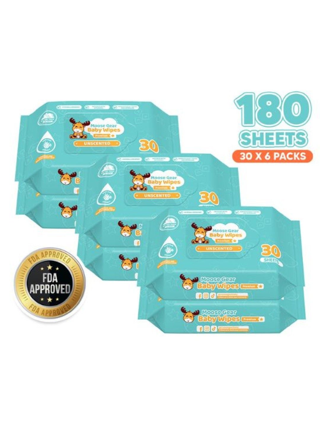 Moose Gear Baby Baby Wipes Unscented (30s x 6 Pack) (No Color- Image 1)