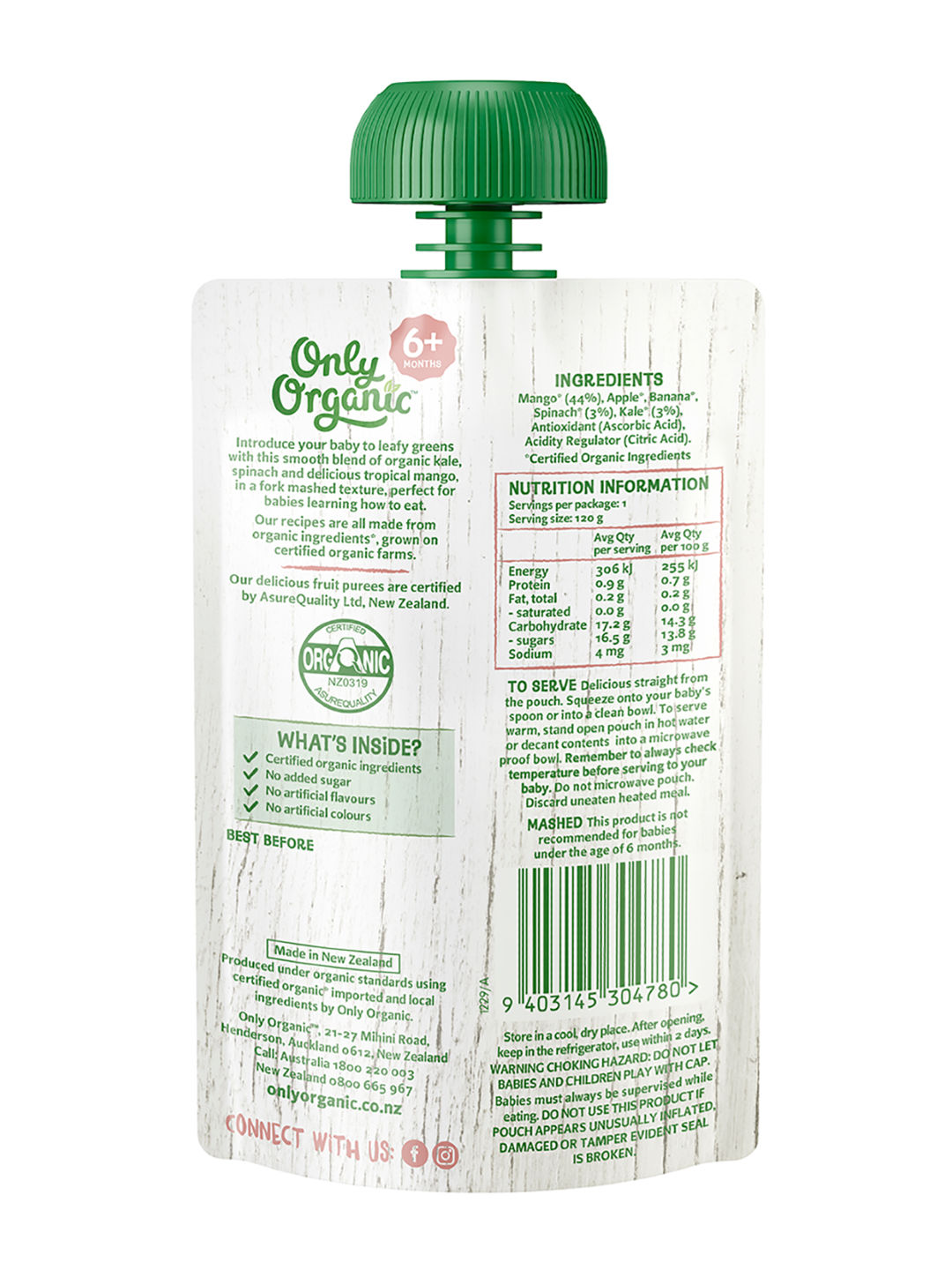 Only Organic Mango, Spinach & Kale Puree (120g) (No Color- Image 2)