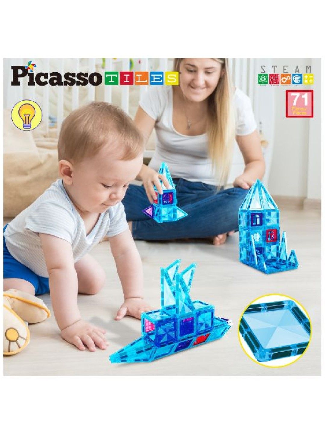 Picasso Tiles 71 pcs. Magnetic Tile Mini Diamond Series Winter Ice Theme (No Color- Image 4)