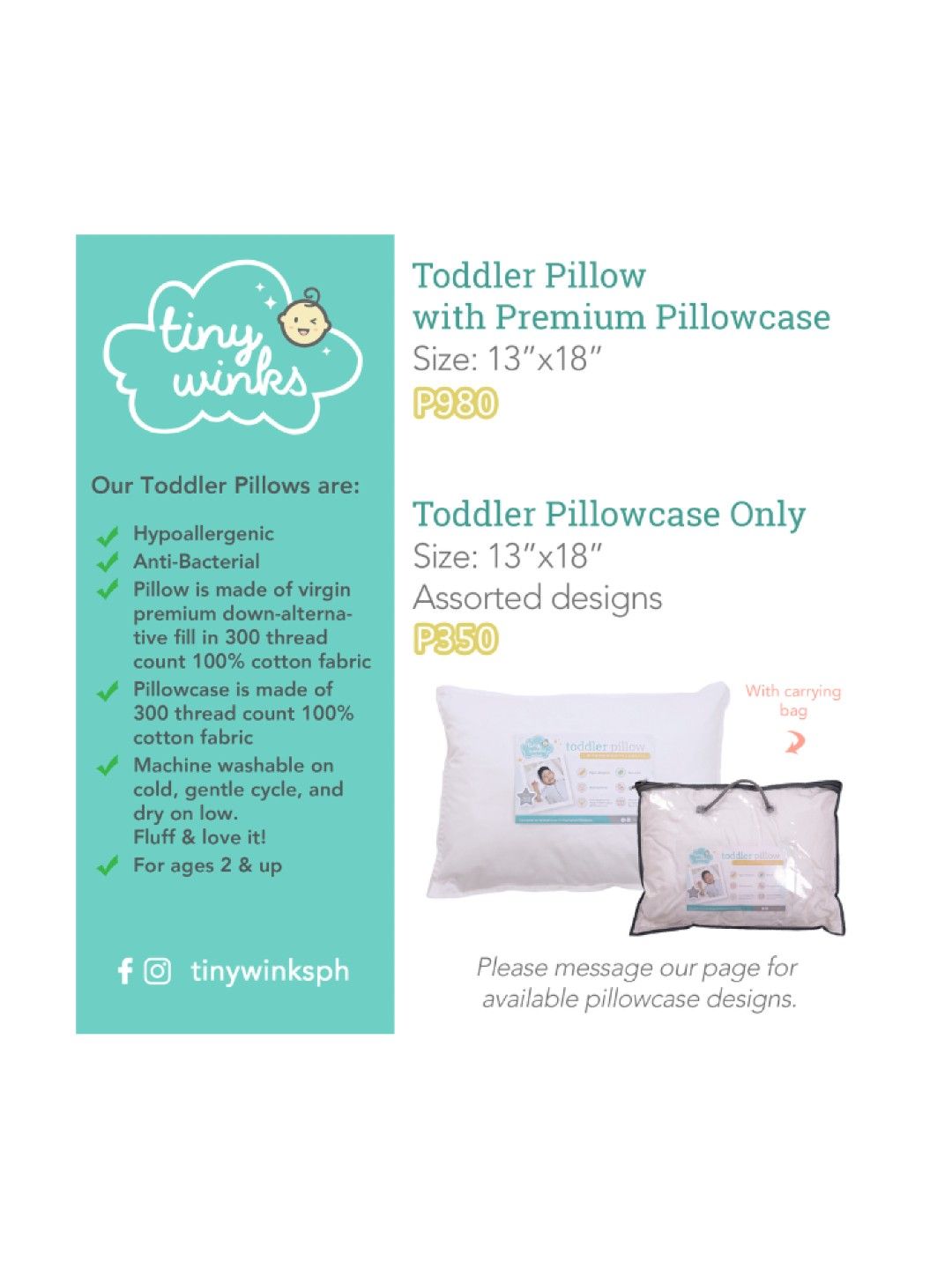 Tiny Winks Toddler Head Pillow Pillowcase (300 Thread Count) (White- Image 4)